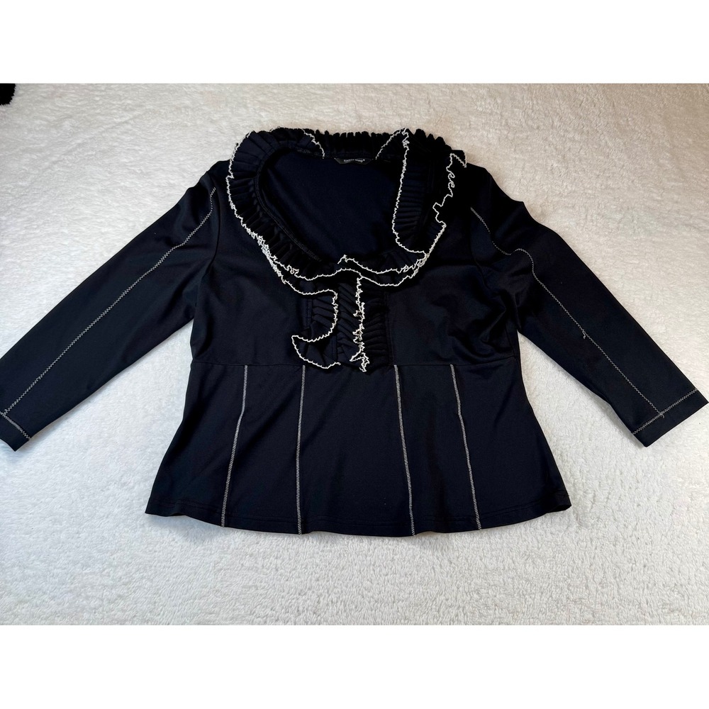 Samuel Dong Blouse Womens‎ Large Black Ruffle Collar Contrast Stitch Peplum Top